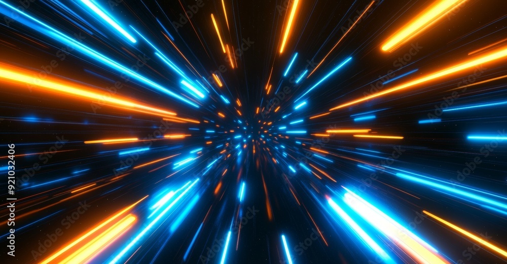 Poster flying into a digital technological tunnel. abstract background with lines representing networks, bi