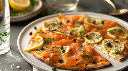 a smoked salmon pizza with cream cheese, capers, and dill, served on a white plate with a glass of sparkling water and lemon slices