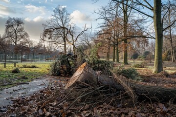 Trees uprooted and toppled over, An uprooted tree is seen on the ground, with its roots exposed and the trunk lying flat against the surface, AI generated