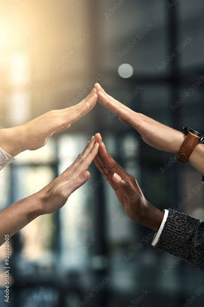 Aufkleber collaboration, touch and hands of business people in office for teamwork, connection and support in 