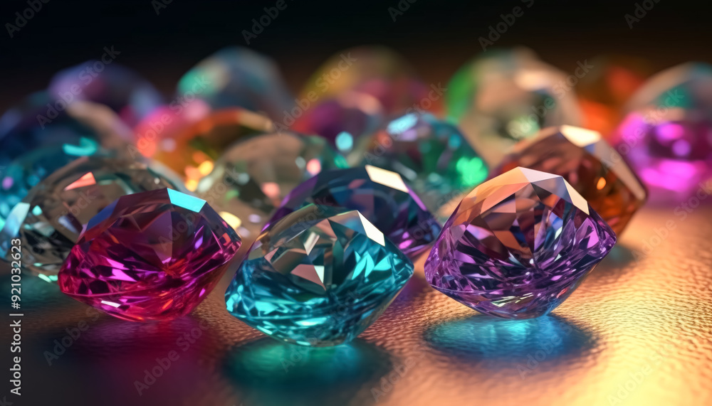Poster a row of colorful diamonds are displayed on a table. the diamonds are of different colors, including