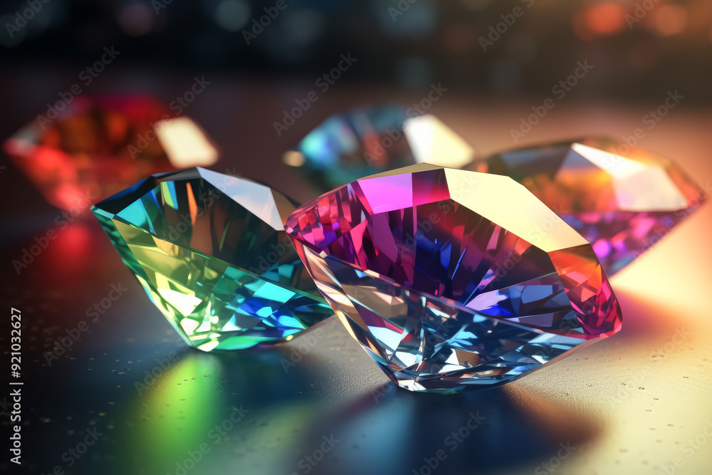Poster a row of colorful diamonds are displayed on a table. the diamonds are of different colors, including