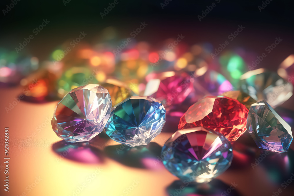 Poster a row of colorful diamonds are displayed on a table. the diamonds are of different colors, including