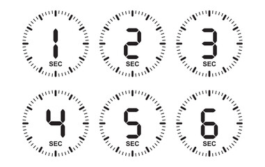 From 1 SEC to 6 SEC on stopwatch vector icons set in flat style.