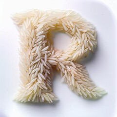 Letter R made of white rice, isolated on white background