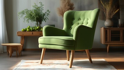 Modern green sofa chair with natural light and plant decoration