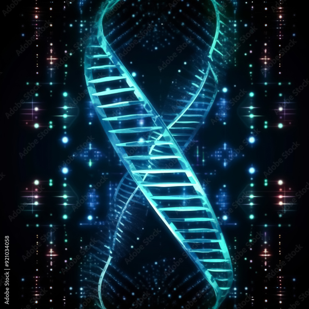Poster a blue dna strand with a green background. the strand is twisted and has a spiral shape. concept of 