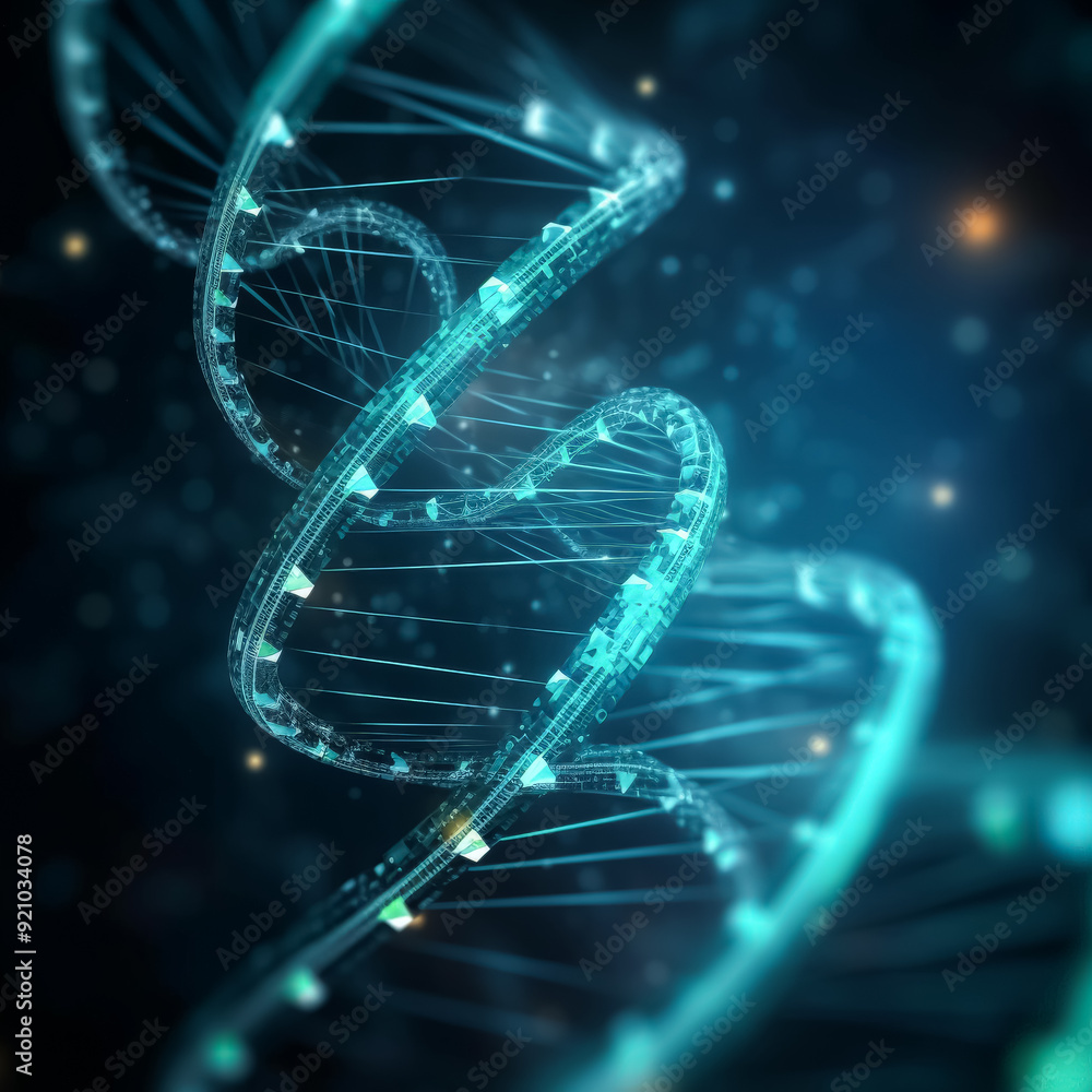 Poster a blue dna strand with a green background. the strand is twisted and has a spiral shape. concept of 