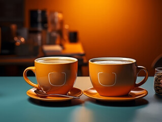 Fototapeta premium Eyecatching Books, glasses and cup with mustache on wooden table on orange vintage background