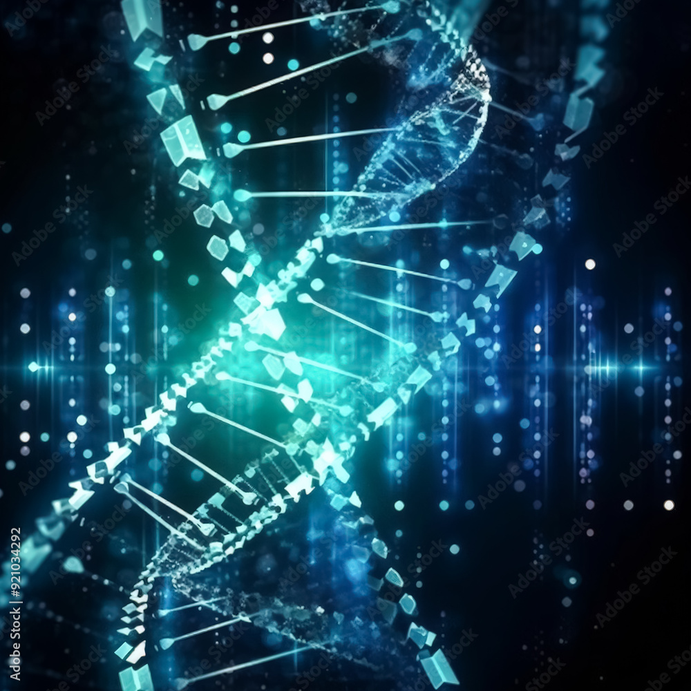 Poster a blue dna strand with a green background. the strand is twisted and has a spiral shape. concept of 