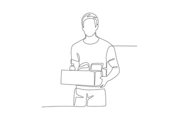 Volunteers bringing food to be donated. Volunteering concept one-line drawing