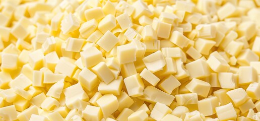 Close up of diced yellow cheese. The cheese is in sharp focus, with the cubes arranged in a random pattern.