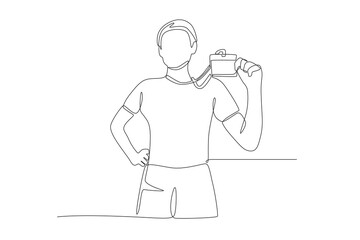 Volunteer showing off name tag. Volunteering concept one-line drawing