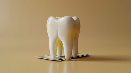 A 3D illustration of a tooth on top of cash, isolated on a light beige background with space for text. Illustration on the concept of dental health and the high cost of dental treatments.