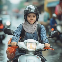 Young woman on a scooter in a city.
