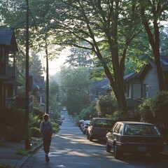 Woman Walking Through a Suburban Neighborhood.