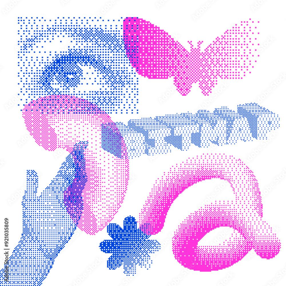 Poster abstract y2k graphic design 3d forms elements set. trendy shapes, eye and hand with bitmap dithering