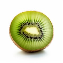 Close-up of a juicy kiwi fruit slice with visible seeds, isolated on a white background.