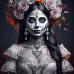 Beautiful woman with Halloween makeup, La Catrina, with Mexican-inspired flowers with tattoo