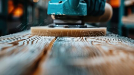 A close-up shot of a power tool as it sands a wooden surface, capturing the dynamic motion, wood grain detail, and craftsmanship, emphasizing skills and woodworking artistry.