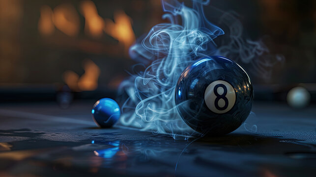 Billiard ball number 8 in fire flying in dark background