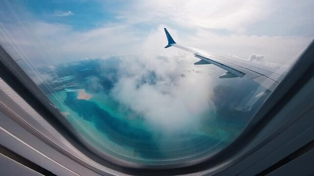 Airplane flies over the islands in the Maldives