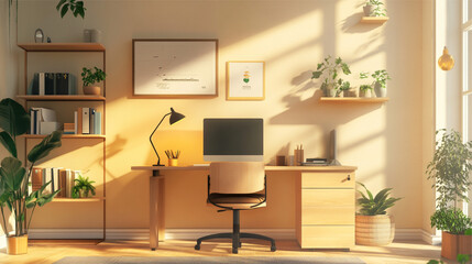 Workplace with computer, bookshelf and plant. 3D Rendering