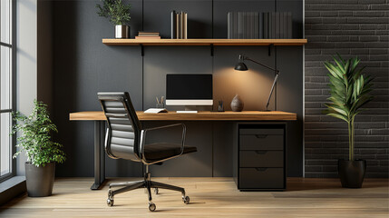 Workplace with computer, bookshelf and plant. 3D Rendering