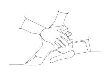 Volunteer hands helping each other. Volunteering concept one-line drawing