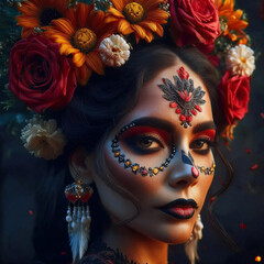 Beautiful woman with Halloween makeup, La Catrina, with Mexican-inspired flowers red, yellow and white
