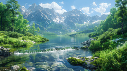 Lush green forest with clear stream surrounded by mountains