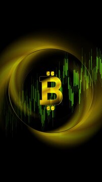 Bitcoin stock graph chart of stock market cryptocurrency trading. Green golden growing financial graph motion design. Vertical looped video animation