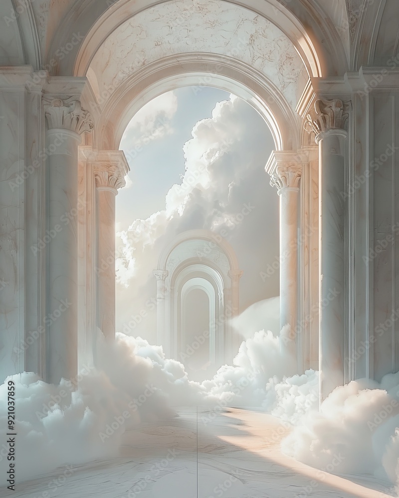 Poster surreal empty room with white clouds and grand architecture
