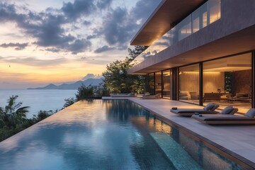 Fototapeta premium A large house with a pool and a view of the ocean. The pool is surrounded by lounge chairs and a few couches. The house is very large and has a lot of windows
