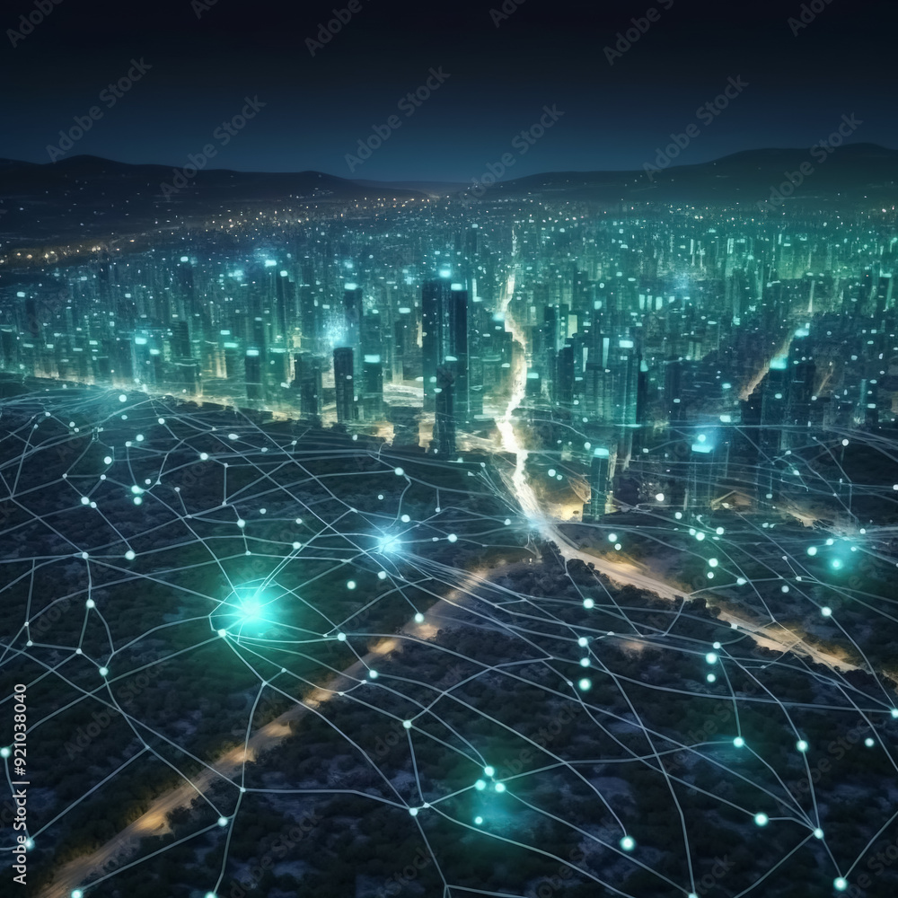 Poster a cityscape with many buildings and a network of lines connecting them. concept of connectivity and 