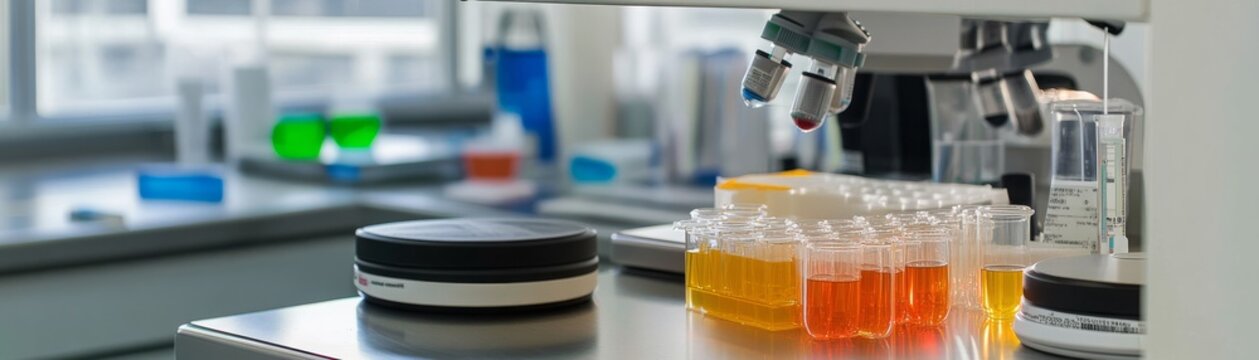 Close up of a laboratory with test tubes filled with colorful liquids.