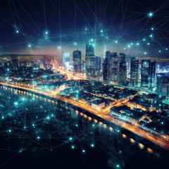 A cityscape with a network of lights and a city skyline. The lights are connected to each other, creating a web-like pattern. Scene is one of connectivity and interdependence