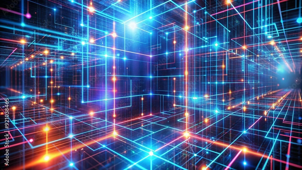 Poster a mesmerizing fusion of vibrant neon grids and digital technology, forming a futuristic cybernetic m