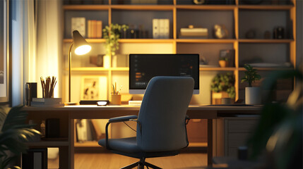 Workplace with computer, bookshelf and plant. 3D Rendering