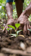 Hands planting saplings in a reforestation project to restore a degraded ecosystem