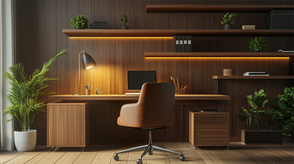 Workplace with computer, bookshelf and plant. 3D Rendering