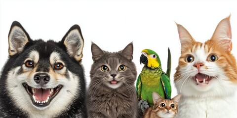 Happy and healthy animals at the veterinarian include various pets such as cats, dogs, and birds all enjoying their visits. This delightful experience encompasses kittens, puppies, and parrots too