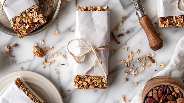a selection of homemade granola bars, wrapped in parchment paper and tied with twine, placed on a marble countertop with a backdrop of kitchen tools - Powered by Adobe
