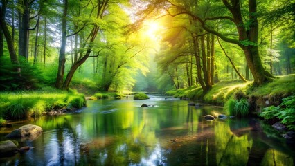 Fototapeta premium Whimsical Forest Clearing with a Sparkling Stream and Lush Foliage Generative AI