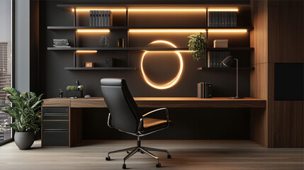 Workplace with computer, bookshelf and plant. 3D Rendering