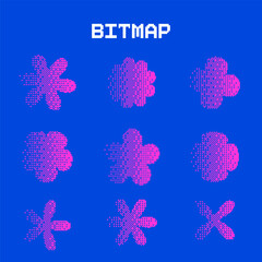 Pixel y2k geometric flowers shape set. Daisies in square pixel retro collage design. Bitmap y2k element grain. Vector illustration in 80s style