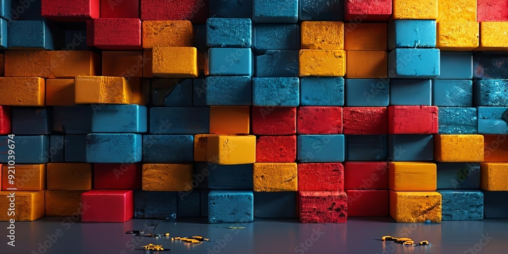 Poster a colorful wall made of blocks with a blue and red brick in the middle