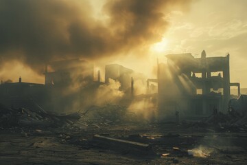 Fototapeta premium A bright sun shines through swirling smoke emanating from a building, casting an ethereal glow in the atmosphere, The smell of dust and destruction in the air, AI generated