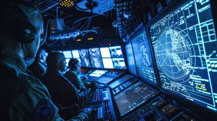 Missile Defense System - Control panel of the missile defense system with a radar display screen and digital maps. Officials are reviewing the information received from the sensors.