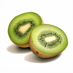 Fototapeta premium Two juicy kiwi fruit slices with black seeds isolated on white.